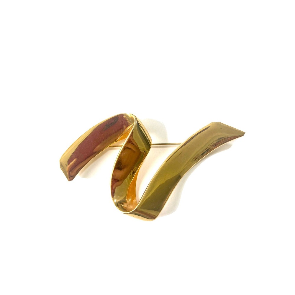 Monet Vintage Gold Tone Abstract Ribbon Wavy Brooch Pin Signed Statement Jewelry